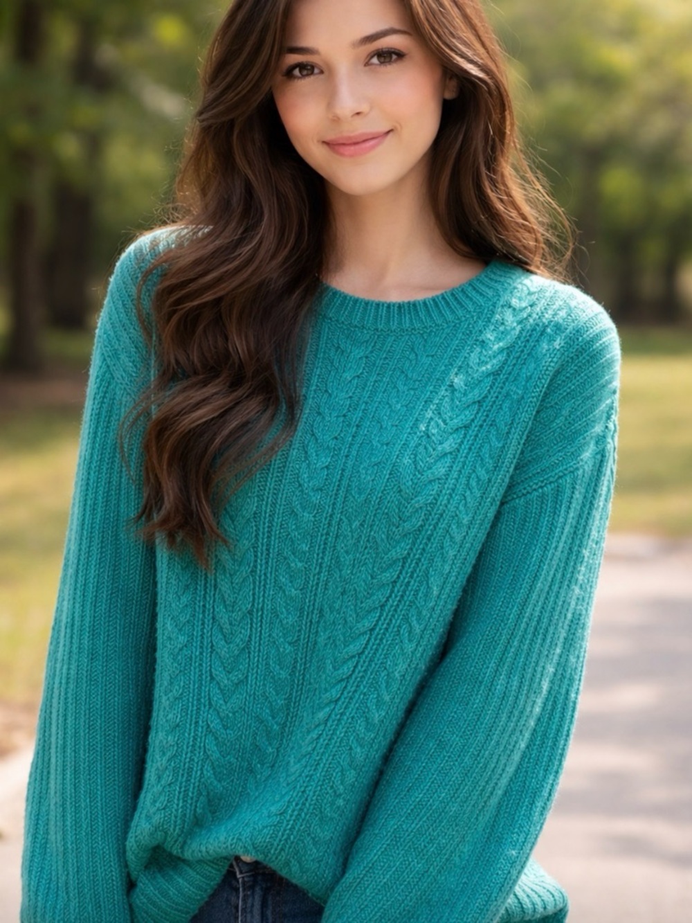 Teal Cable-Texture Women’s Scoop Neck Sweater